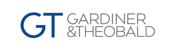 Gardiner & Theobald professional services firm logo with blue GT initials and gray company name text.