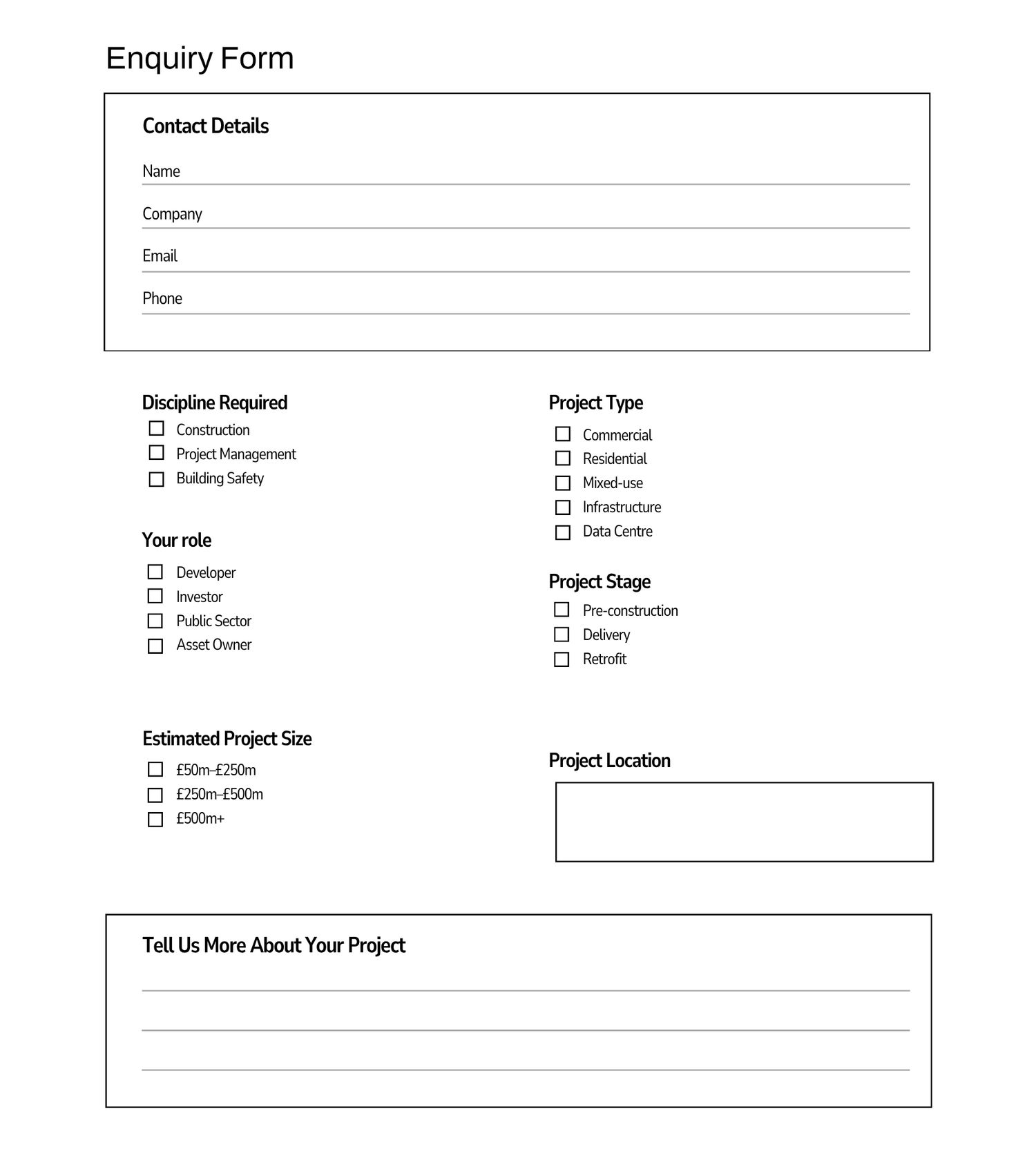 Enquiry form with contact details, discipline, project type, role, stage, size, and location fields.