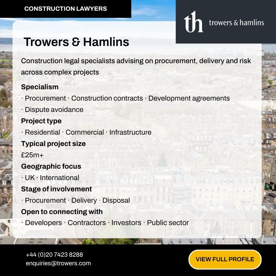 Trowers & Hamlins construction lawyers profile card detailing specialisms, project types, and geographic focus for complex projects.