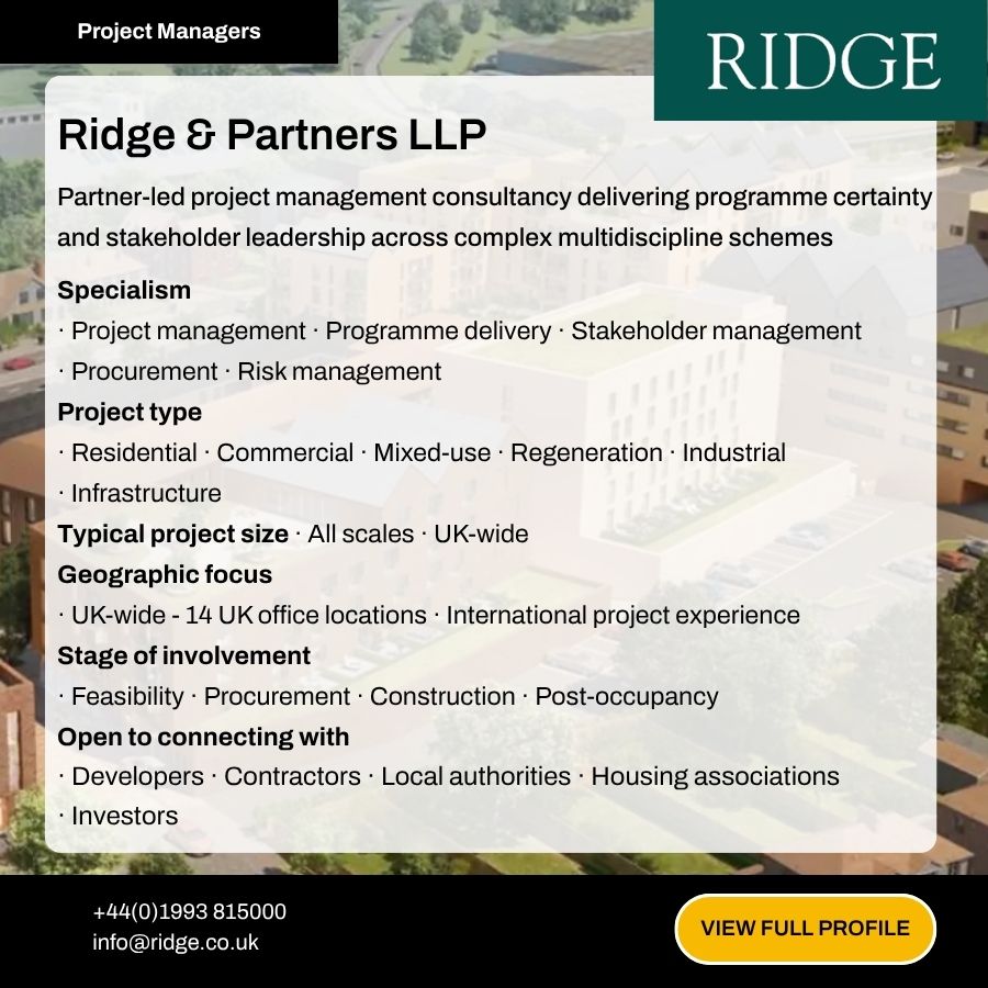 Ridge & Partners LLP project management consultancy advertisement highlighting services, project types, and UK geographic focus.