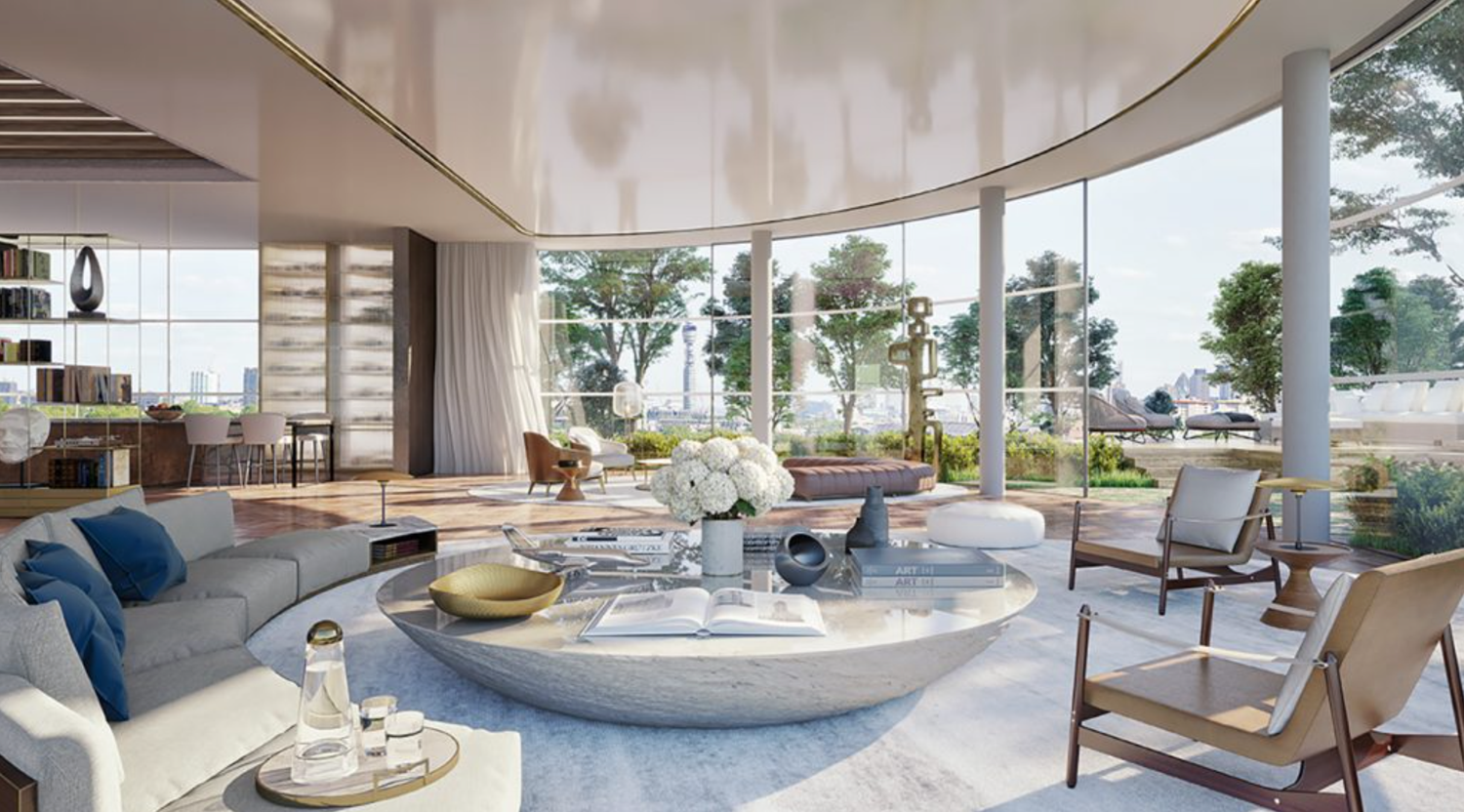 Luxurious modern living room with floor-to-ceiling curved windows, blue velvet sofas, marble coffee table, and ocean views.