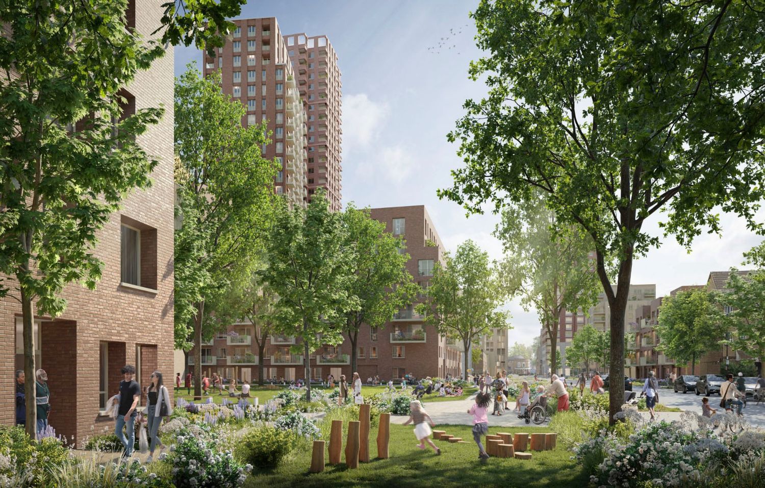 Modern urban development with green park, brick residential towers, and people enjoying outdoor spaces on a sunny day.