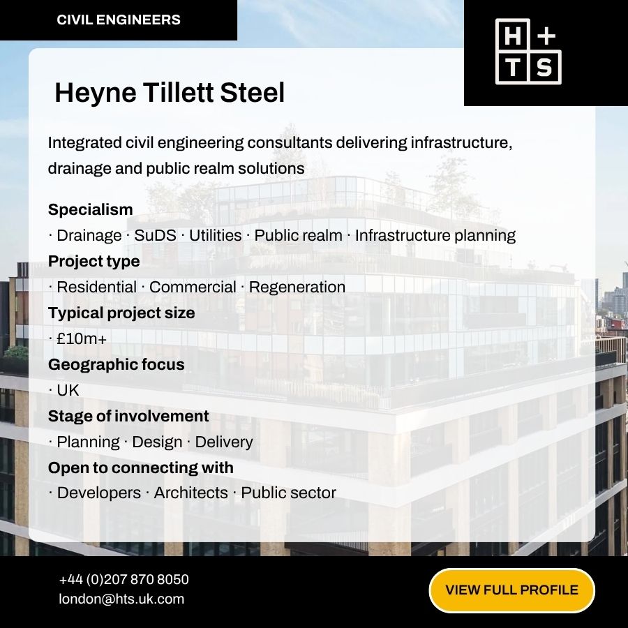 Heyne Tillett Steel civil engineering consultants profile card showing specialisms, project types, and UK geographic focus.