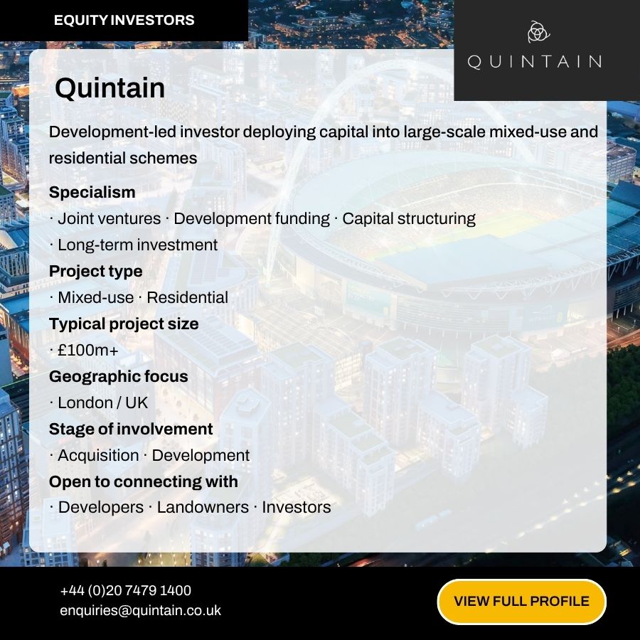 Quintain equity investor profile card detailing mixed-use development funding, joint ventures, and capital structuring in London and UK.