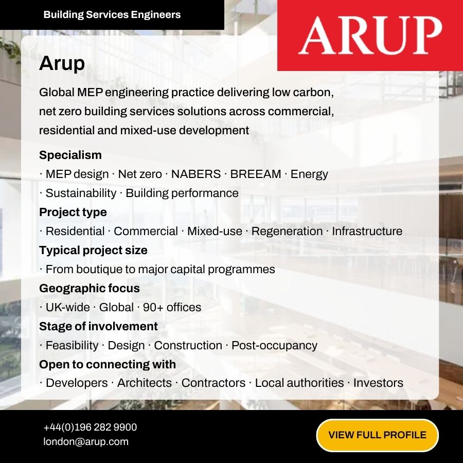 Arup Building Services Engineers profile card showcasing MEP design, sustainability, and net zero solutions across UK and global projects.