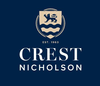 Crest Nicholson logo featuring a heraldic shield with a lion, established 1963, on a navy blue background.