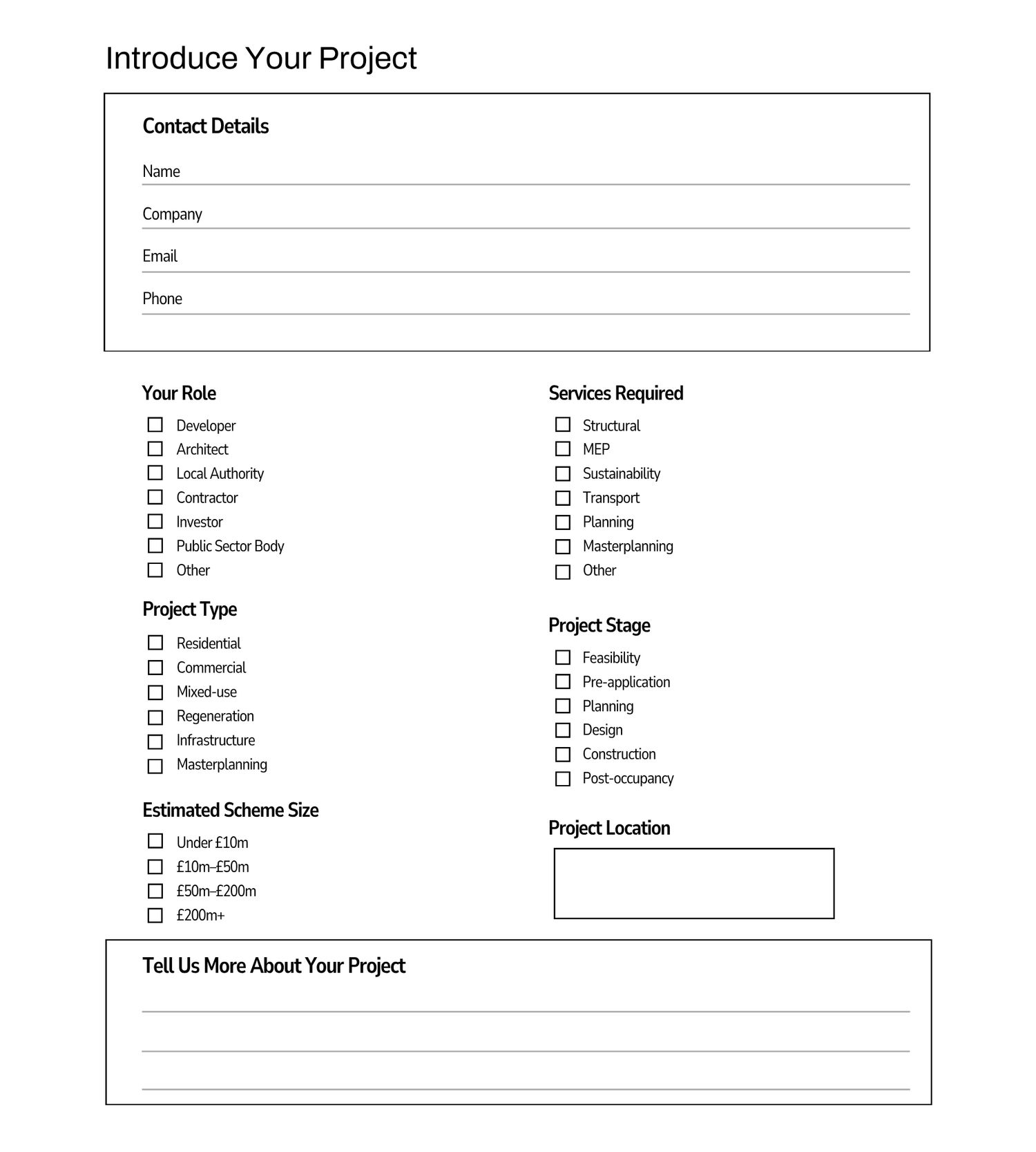Project introduction form with contact details, role selection, services required, project type, stage, size, and location fields.