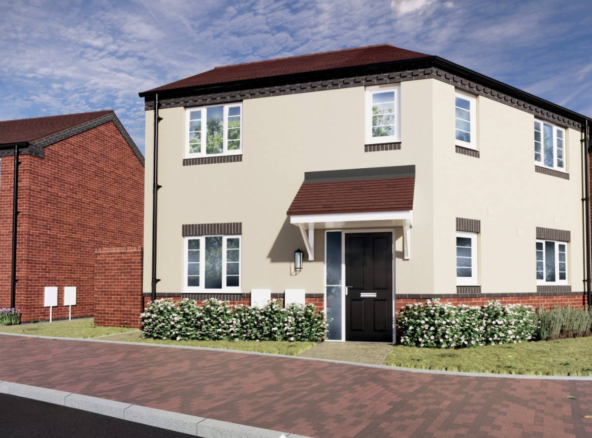 Modern detached house with cream walls, brown trim and a small front garden with shrubs along a residential street.
