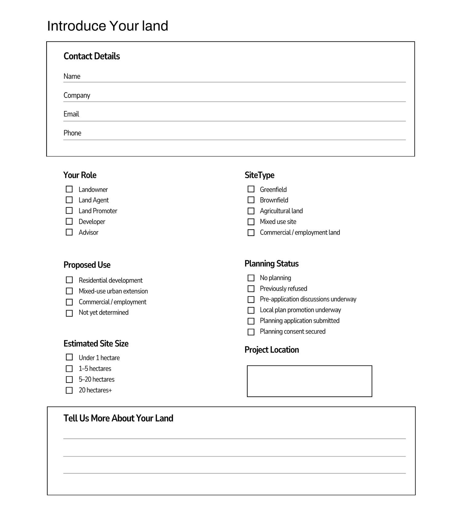 Land introduction form with contact details, role checkboxes, site type, proposed use, planning status, and project location fields.