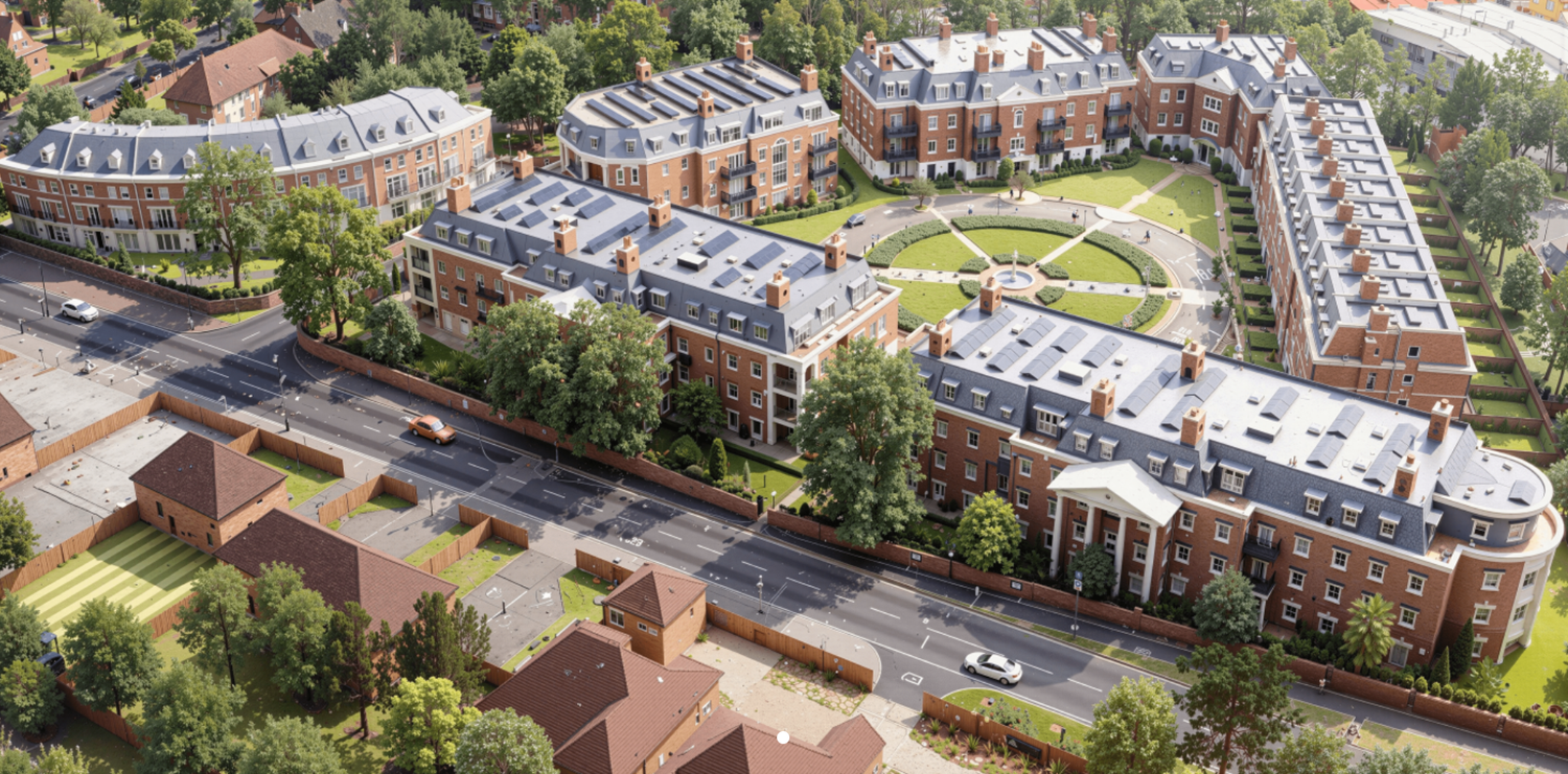 Aerial view of a modern brick residential complex with manicured gardens, surrounded by tree-lined streets in a suburban setting.