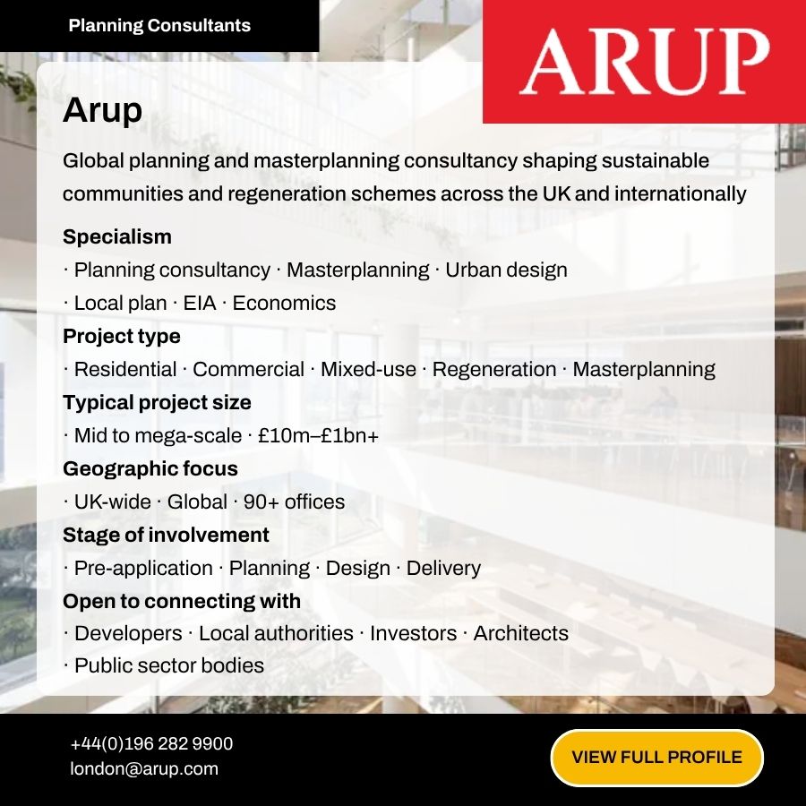 Arup planning consultants advertisement showcasing masterplanning and urban design services with UK-wide and global focus.