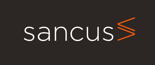 Sancus company logo featuring white lowercase text and an orange double chevron icon on a dark background.