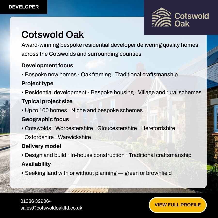 Cotswold Oak bespoke residential developer profile card showing services, project types, and geographic focus across the Cotswolds.