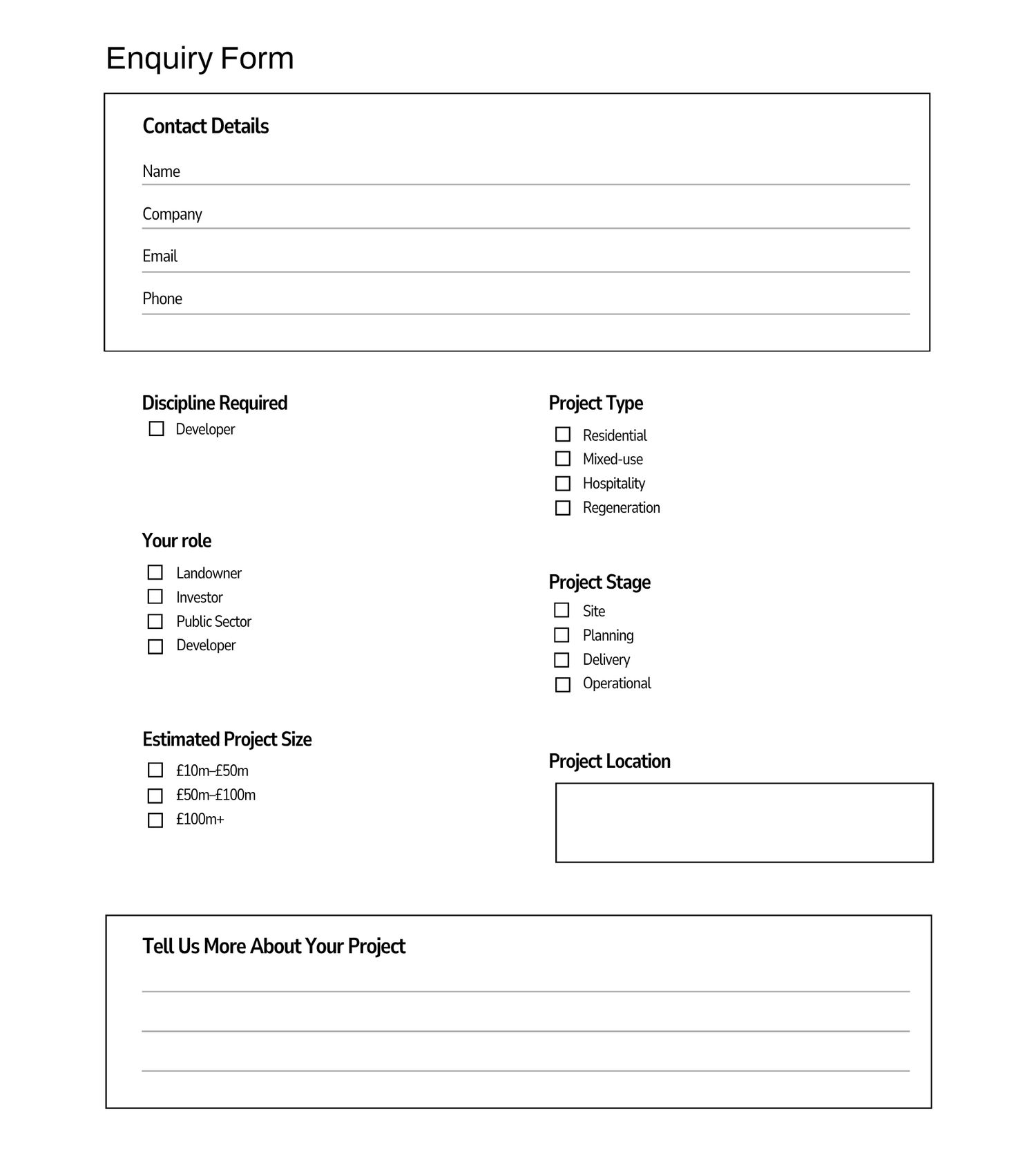Enquiry form with contact details, discipline, project type, role, stage, size, and location fields.