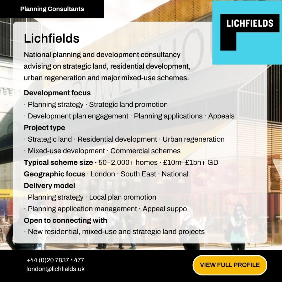 Lichfields planning consultancy profile card detailing development focus, project types, geographic focus, and contact information.