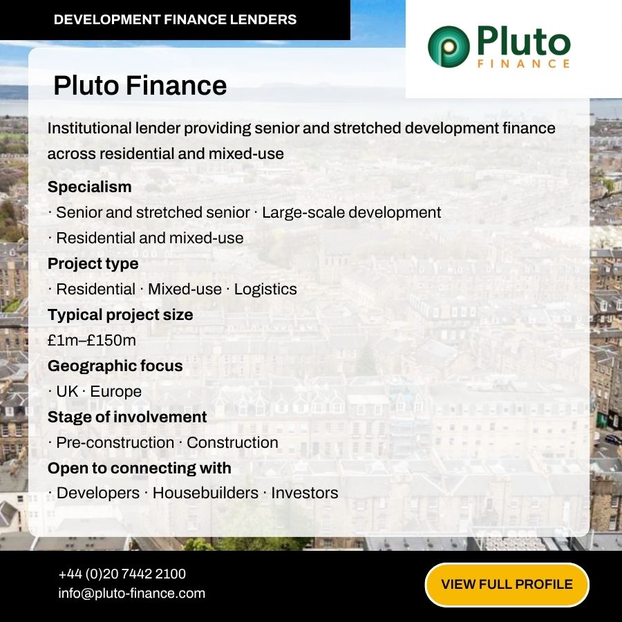 Pluto Finance development finance lender profile card showing specialisms, project types, and contact details for UK and Europe.