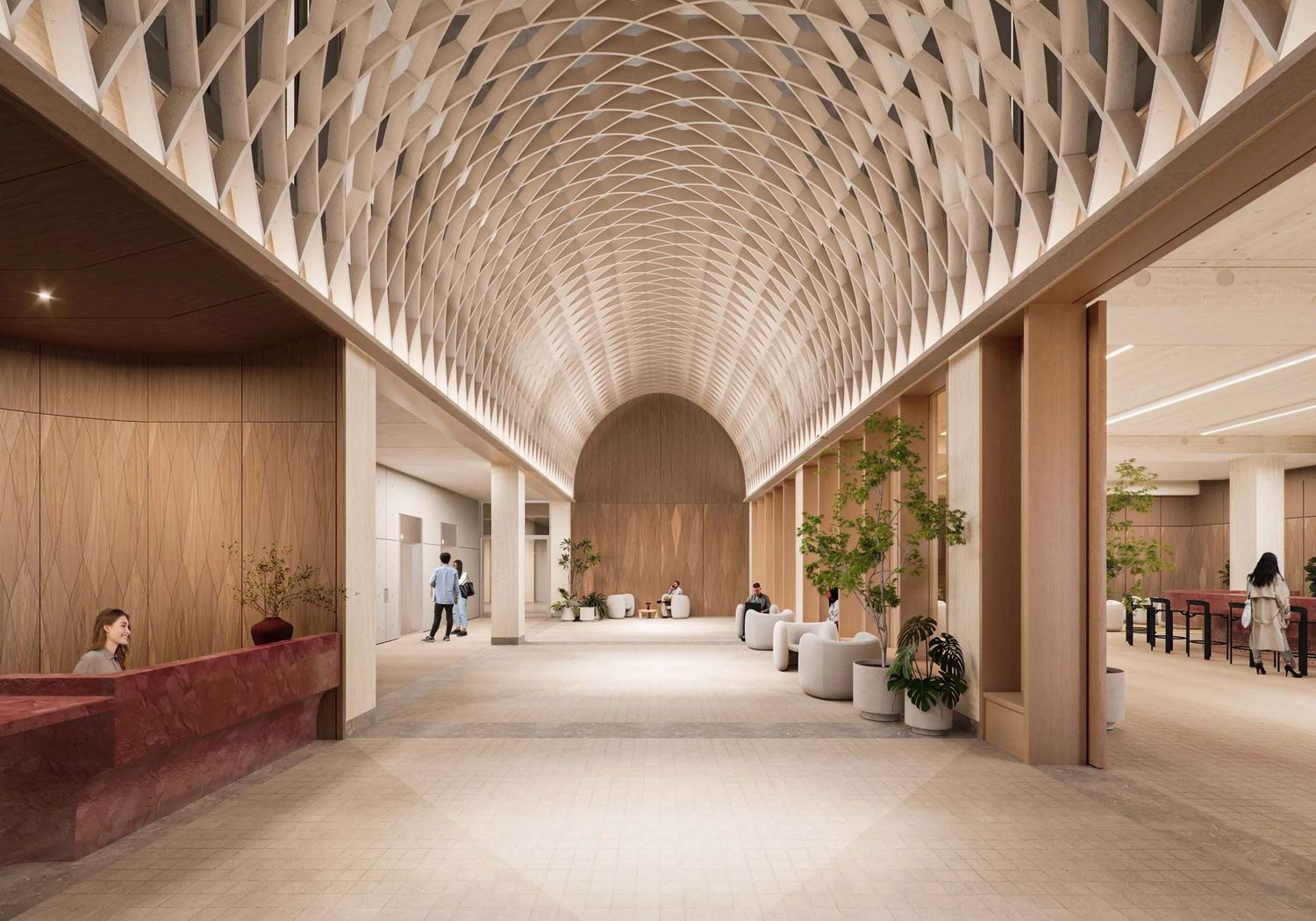 Modern hotel lobby with arched geometric ceiling, warm wood panels, reception desk, and open lounge area with natural light.