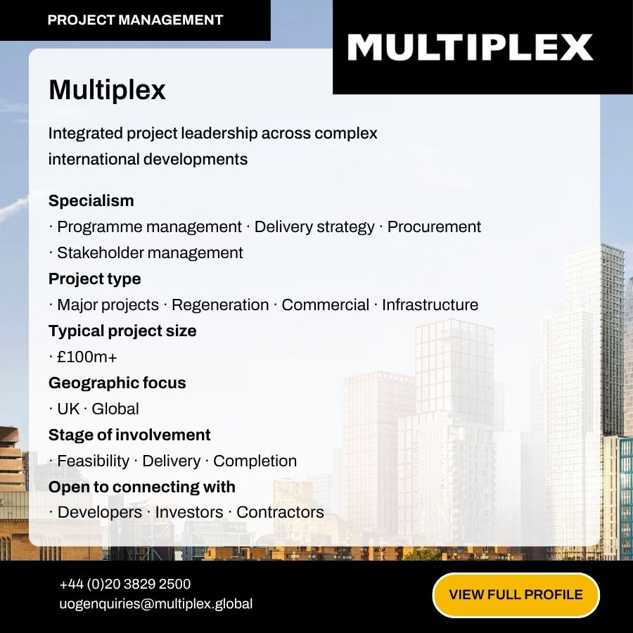 Multiplex project management firm profile card highlighting specialism, project types, and global focus for complex developments.