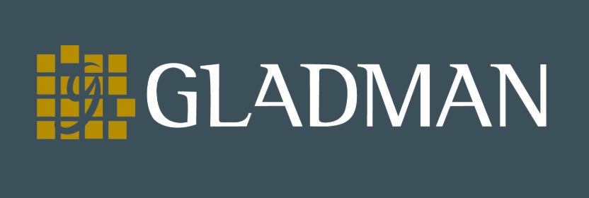 Gladman company logo featuring a gold mosaic square icon alongside bold white text on a dark teal background.