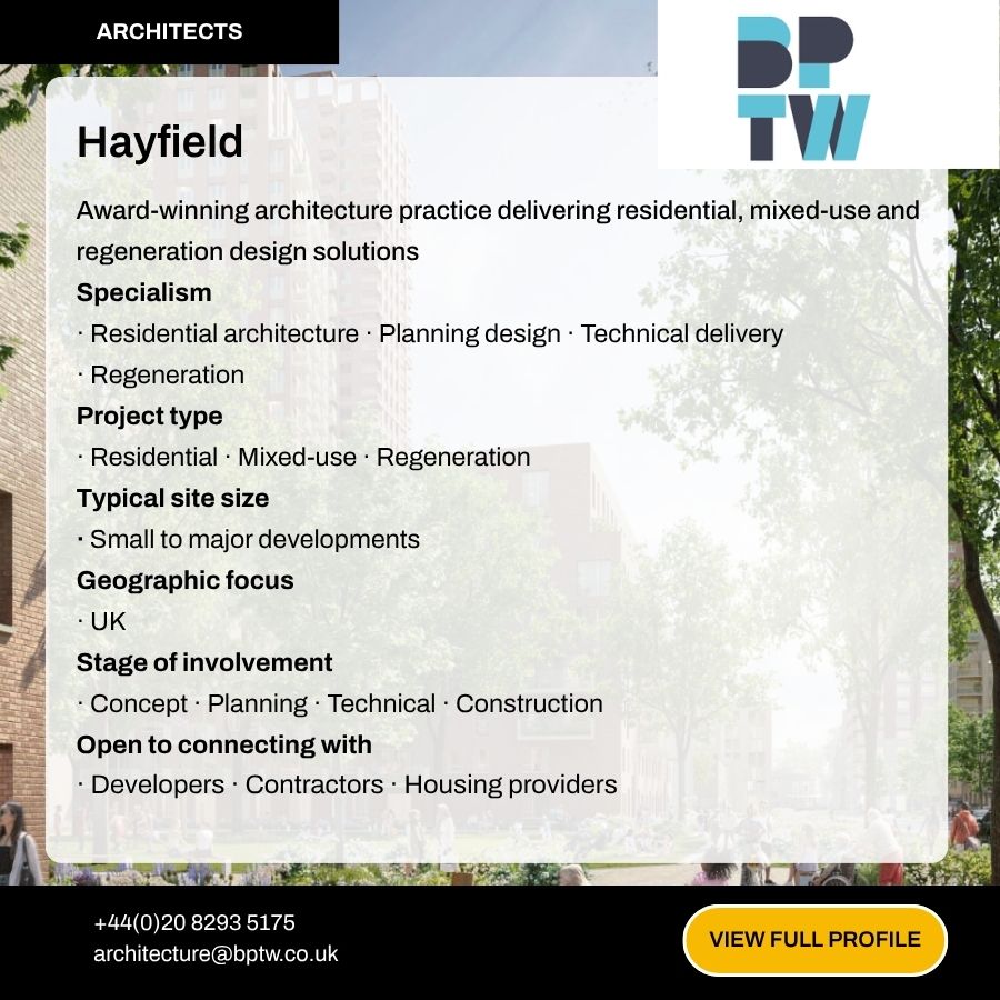 Hayfield architects profile card showcasing award-winning residential and regeneration design services in the UK.