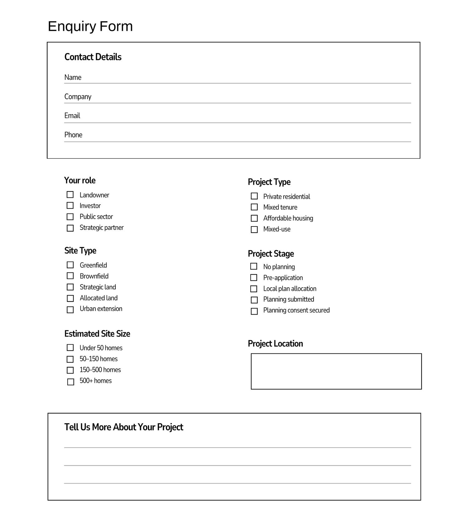 Enquiry form with contact details, project type, site type, project stage, estimated size, and project location fields.