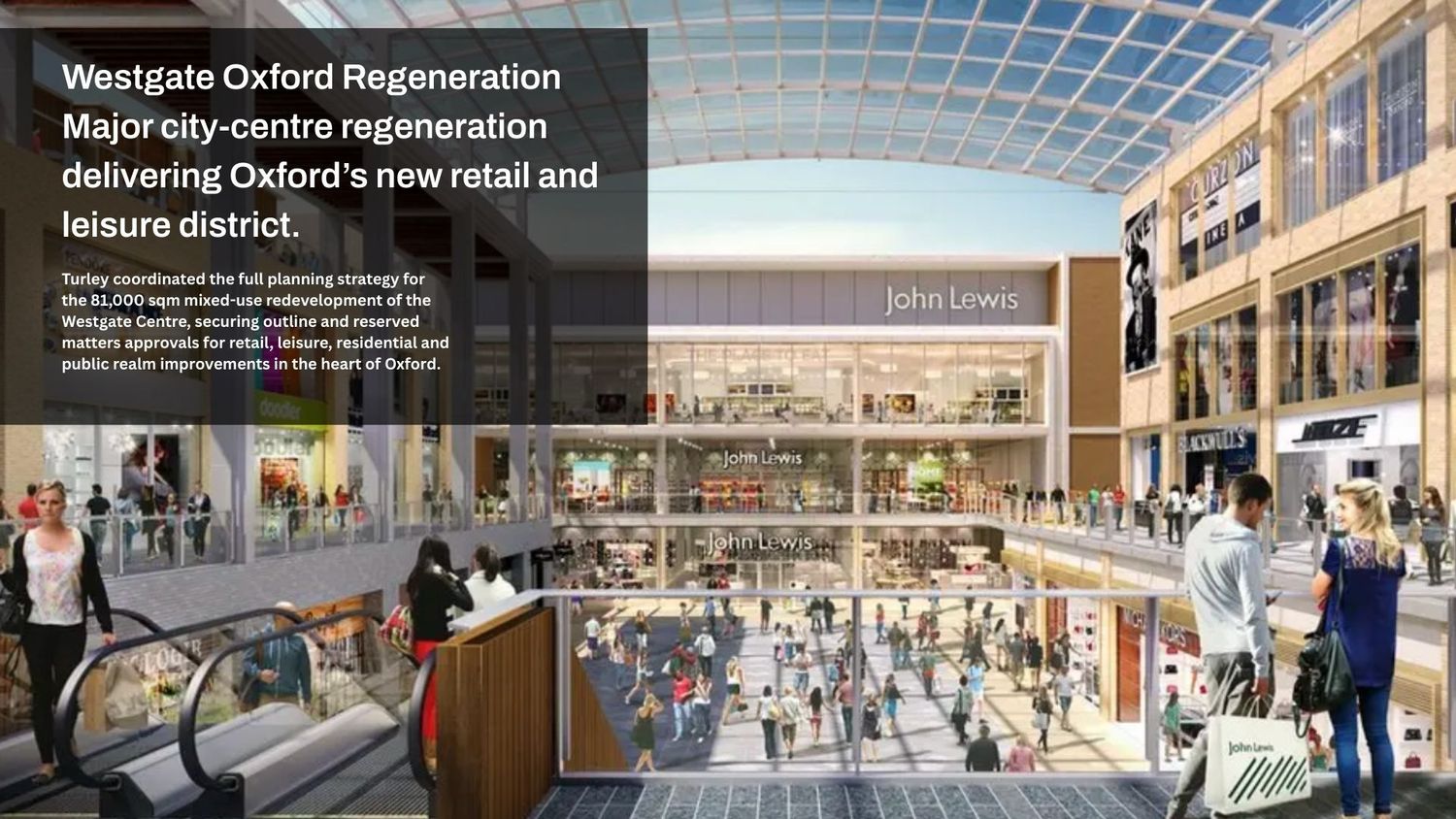 Modern shopping mall interior with glass ceiling, retail stores, and pedestrian walkways shows contemporary commercial design.