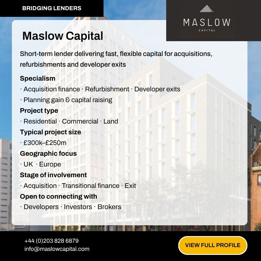 Maslow Capital bridging lender profile card showing specialisms, project types, and contact details for UK property finance.