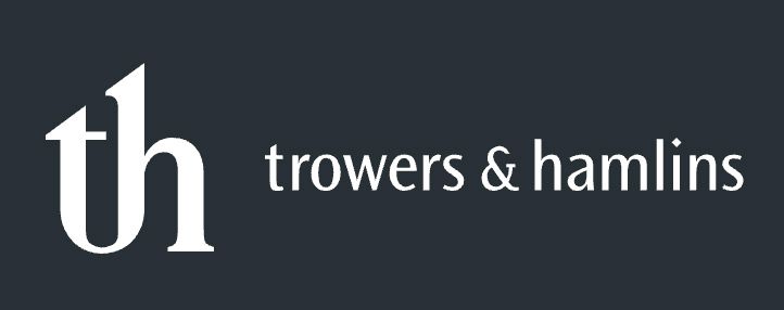 Trowers & Hamlins law firm logo featuring stylized 'th' monogram on dark background.