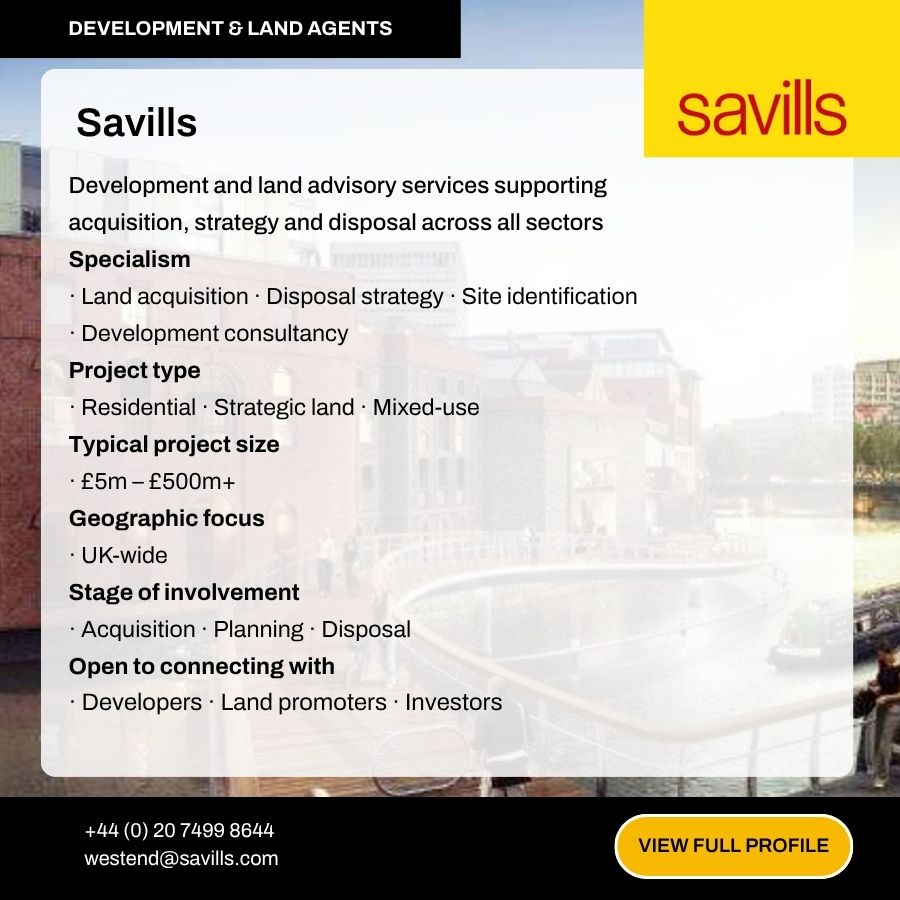 Savills development and land advisory services profile card showing specialisms, project types, and UK-wide geographic focus.