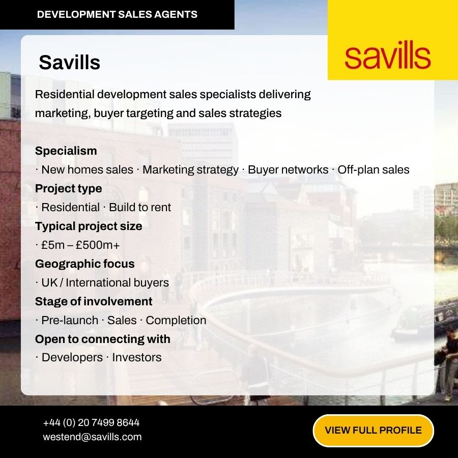 Savills residential development sales agents profile card showing specialisms, project types, and contact details.