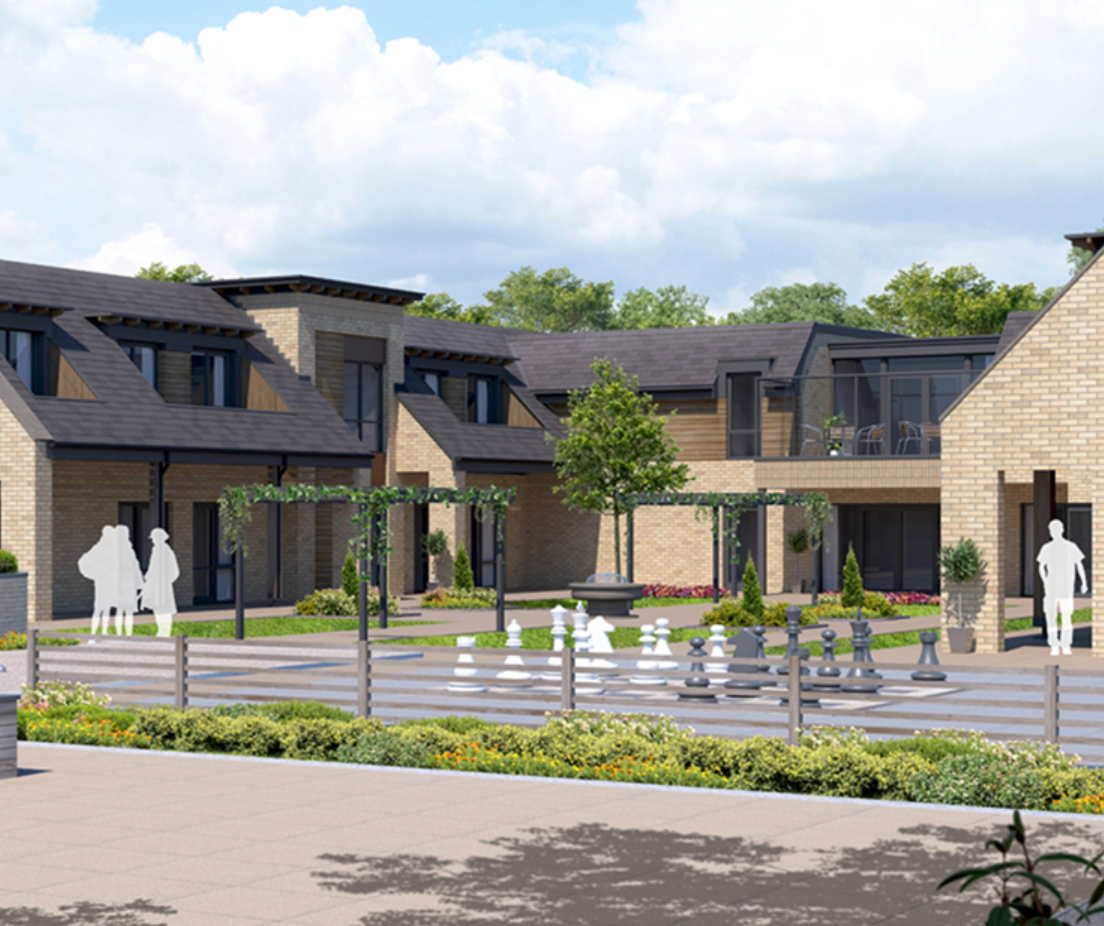 Modern residential development with brick homes, landscaped gardens, pergola walkway, and oversized chess set in courtyard.