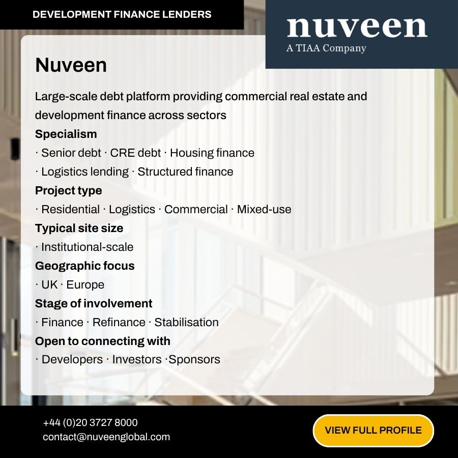 Nuveen TIAA development finance lender profile card showing specialisms in CRE debt, housing finance, and structured finance.