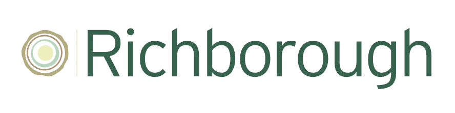 Richborough company logo featuring a circular gold emblem alongside bold dark green serif typography on white background.
