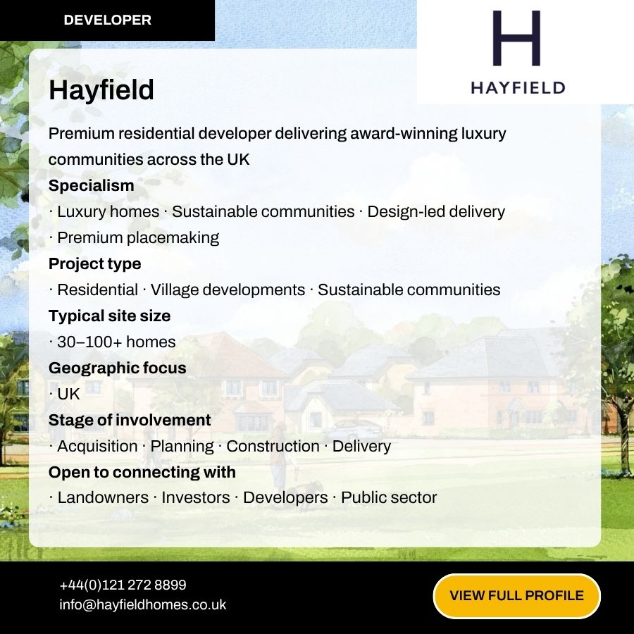 Hayfield developer profile card showcasing luxury residential developer details, specialisms, and UK project information.