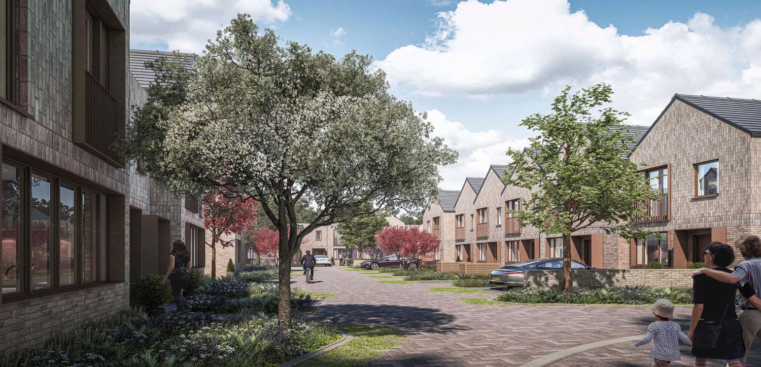 Modern residential development with tree-lined courtyard, brick homes, and landscaped green spaces under a partly cloudy sky.