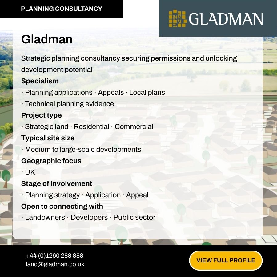 Gladman Planning Consultancy profile card showing specialisms, project types, and UK geographic focus with contact details.