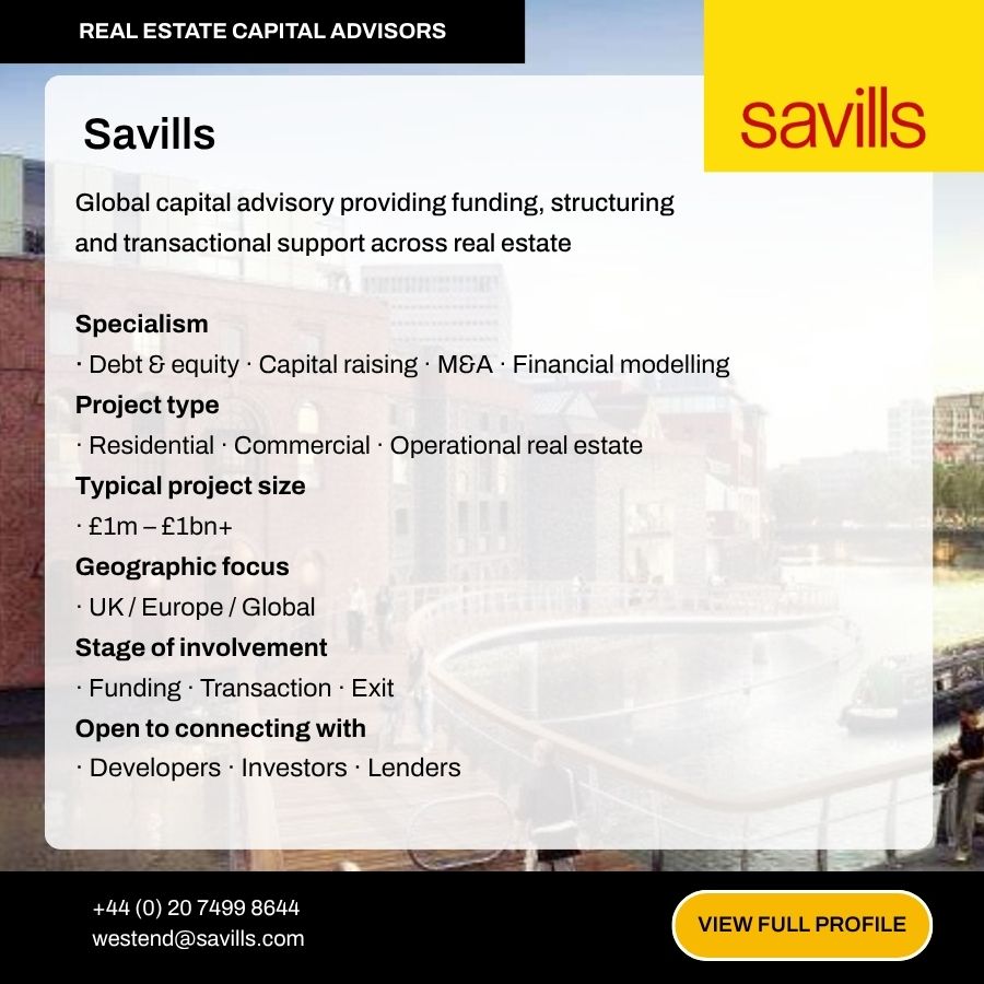Savills real estate capital advisors profile card showing specialisms in debt equity capital raising M&A and financial modelling services.