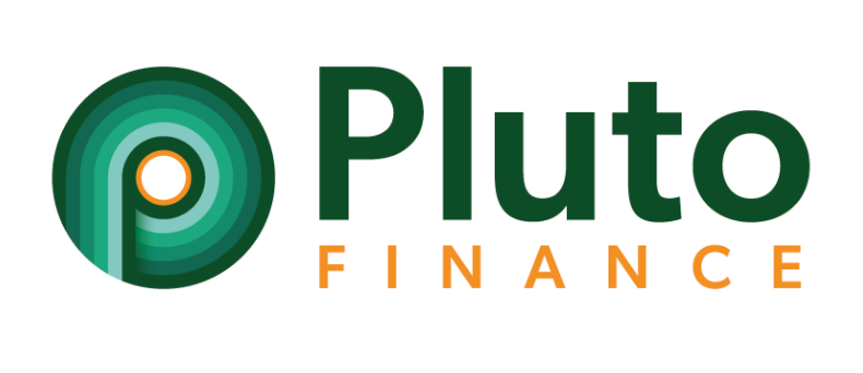 Pluto Finance company logo featuring a green spiral circle icon alongside bold green and orange typography.