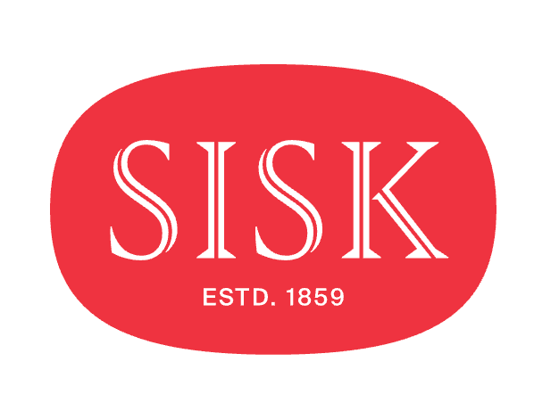 Sisk construction company logo, established 1859, white text on red oval background.