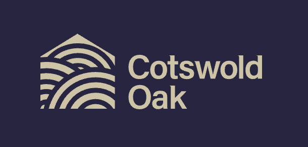Cotswold Oak logo featuring a stylized house with wave patterns on a dark navy background.