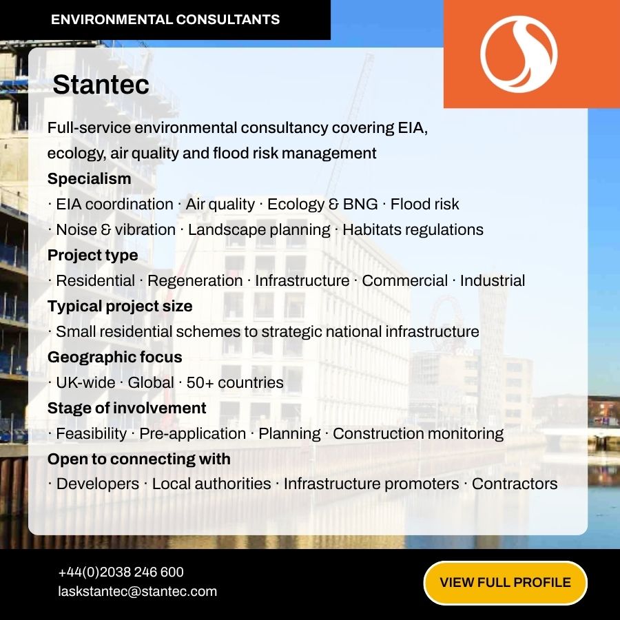 Stantec environmental consultants profile card detailing EIA, ecology, air quality, and flood risk management services across UK and global 