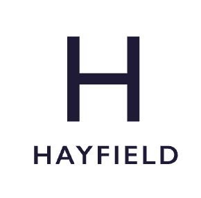 Hayfield company logo featuring a bold dark navy letter H above the brand name in clean sans-serif typography.