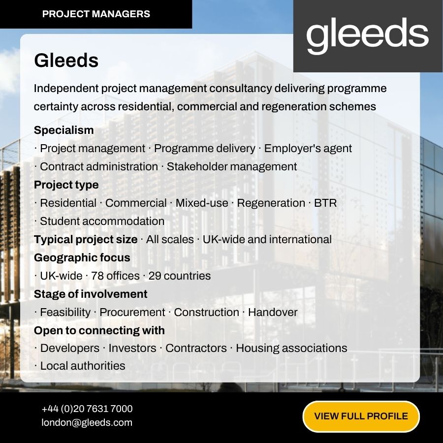 Gleeds project management consultancy profile card showing specialisms, project types, and contact details for their London office.