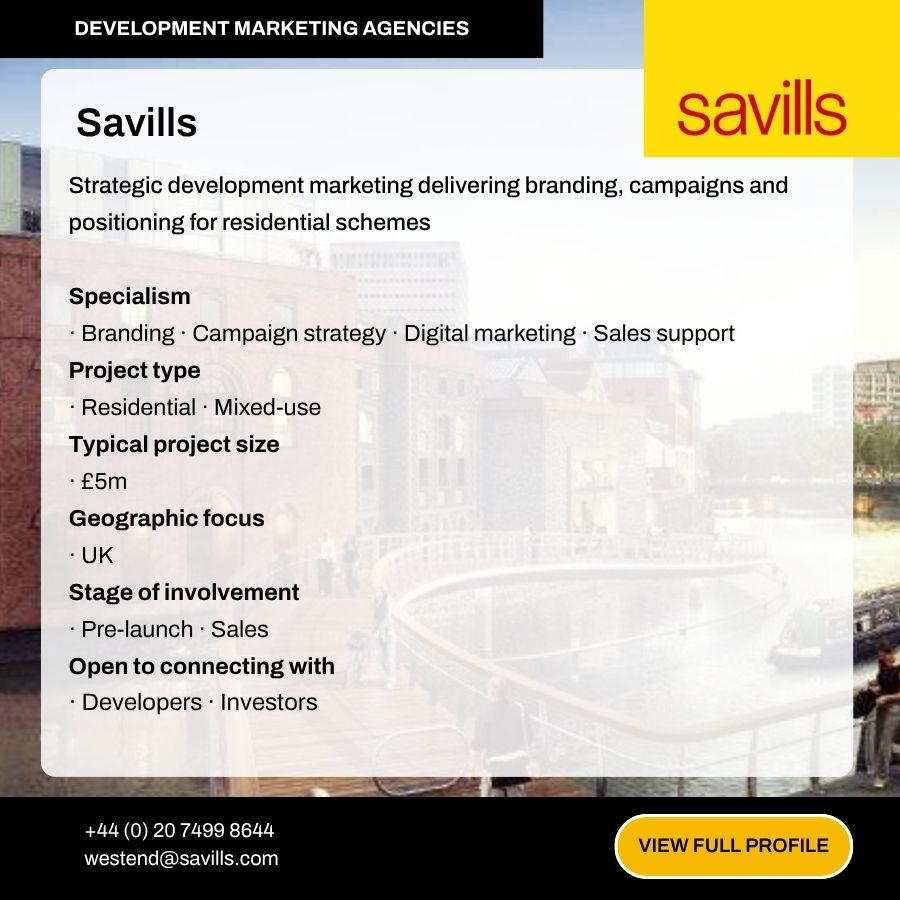 Savills development marketing agency profile card highlighting branding, digital marketing, and sales support for UK residential schemes.