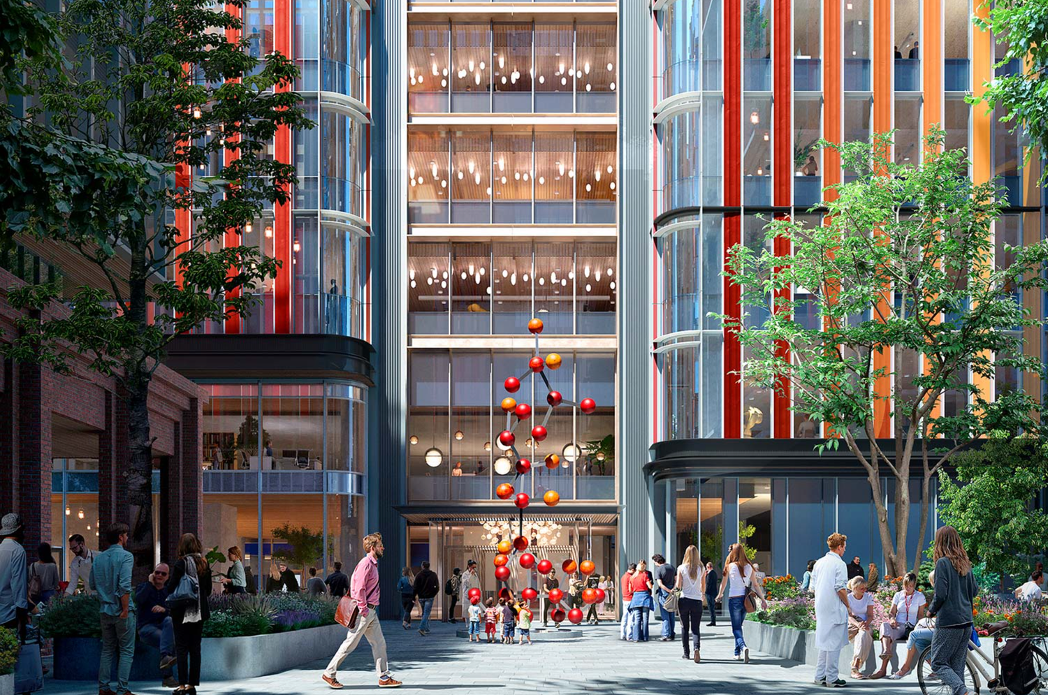 Modern urban atrium with colorful sculpture, glass facade, red accents, and pedestrians enjoying an open-air shopping plaza.