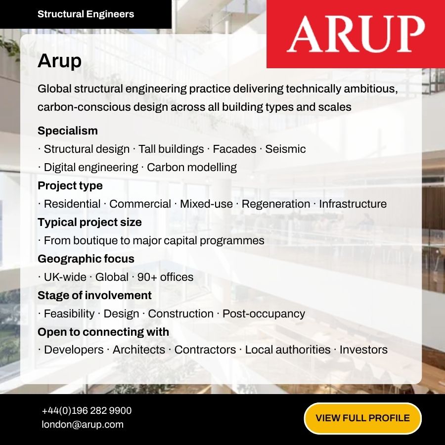 Arup structural engineering firm profile card highlighting specialisms in tall buildings, facades, seismic design, and carbon modelling.