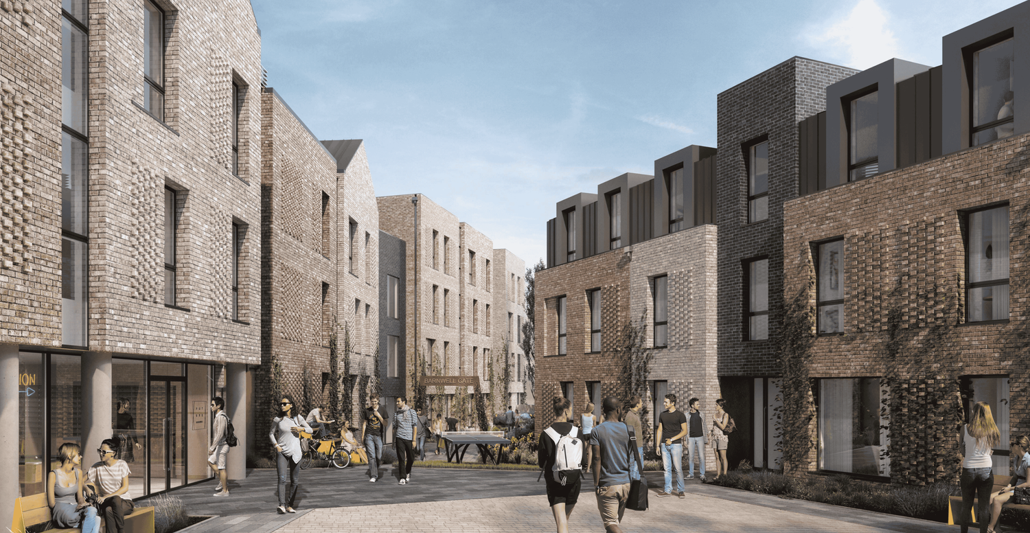 Modern brick residential development with pedestrian street, mixed-use buildings, and people walking in an urban neighborhood setting.