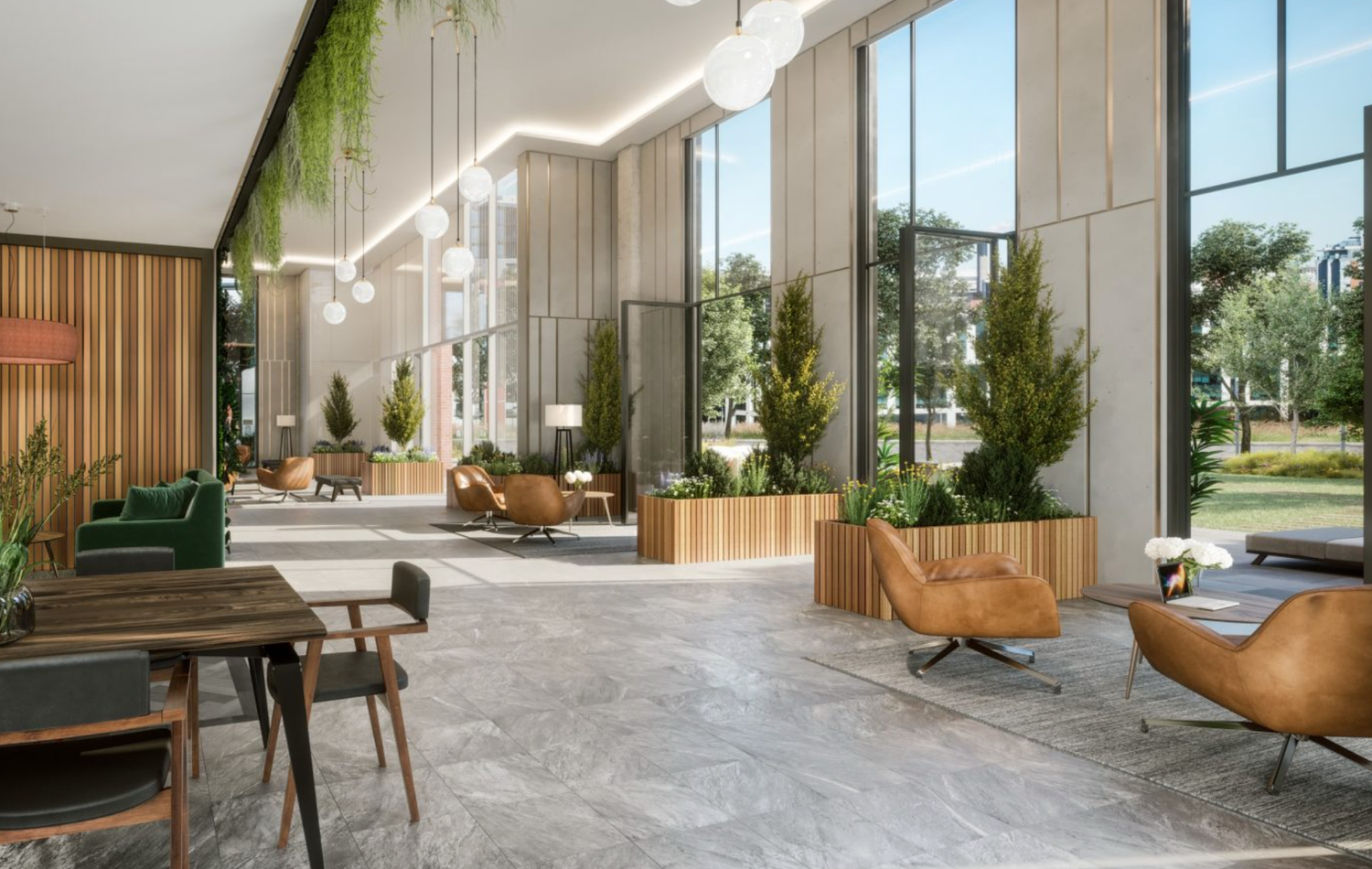 Modern hotel lobby with marble floors, green plants, leather chairs, and floor-to-ceiling windows in a bright, elegant space.