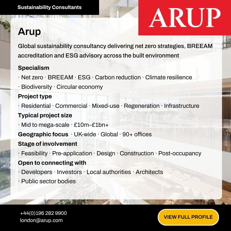 Arup sustainability consultancy ad showcasing net zero, BREEAM, ESG services with project types and contact details.
