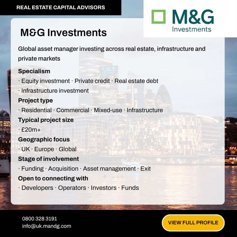 M&G Investments real estate capital advisors profile card with contact details and specialisms.